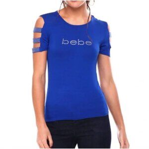 NWOT  bebe Surf The Web Logo Cut Out  Rhinestone Accent Top T-Shirt  Sz MD Blue